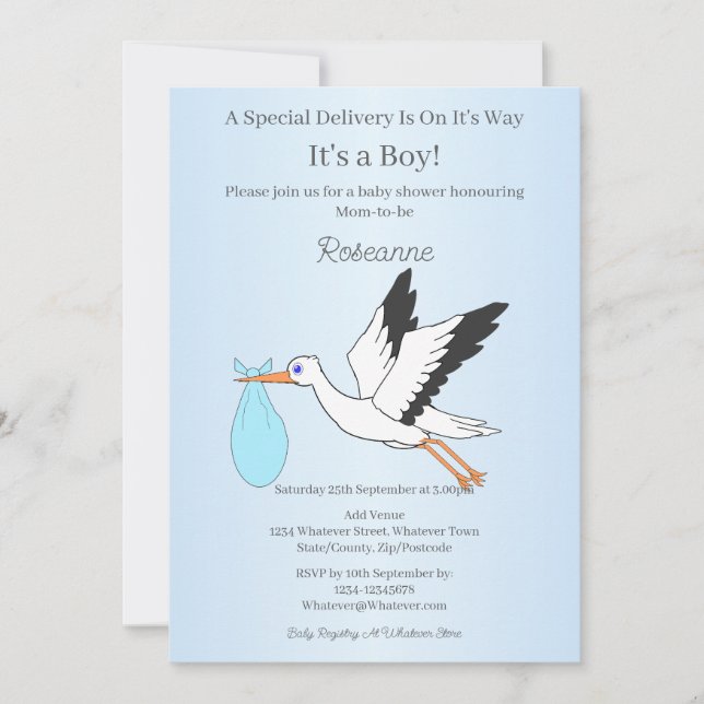 Convites Special Delivery Stork Baby Boy Baby Shower (Frente)