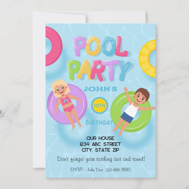 Convites Splash Bash Kids Pool Party Birthday (Frente)