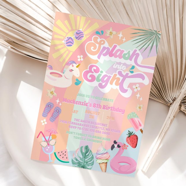 Convites Splash Into Eight Summer Rainbow Sun 8th Birthday  (Criador carregado)