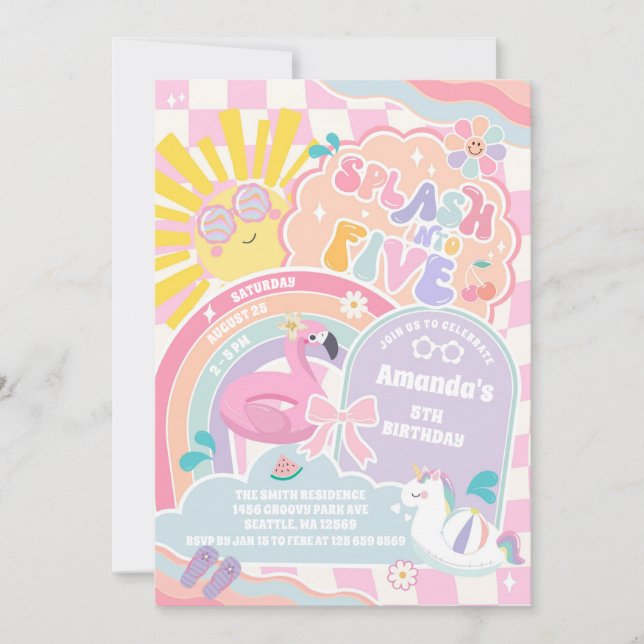 Convites Splash Into Five Cloud Rainbow Disco 5th Birthday  (Frente)