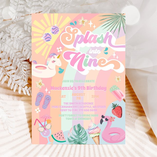 Convites Splash Into Nine Summer Rainbow Sun 9th Birthday  (Criador carregado)