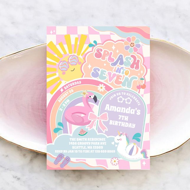 Convites Splash Into Seven Pool Party Rainbow 7th Birthday  (Criador carregado)