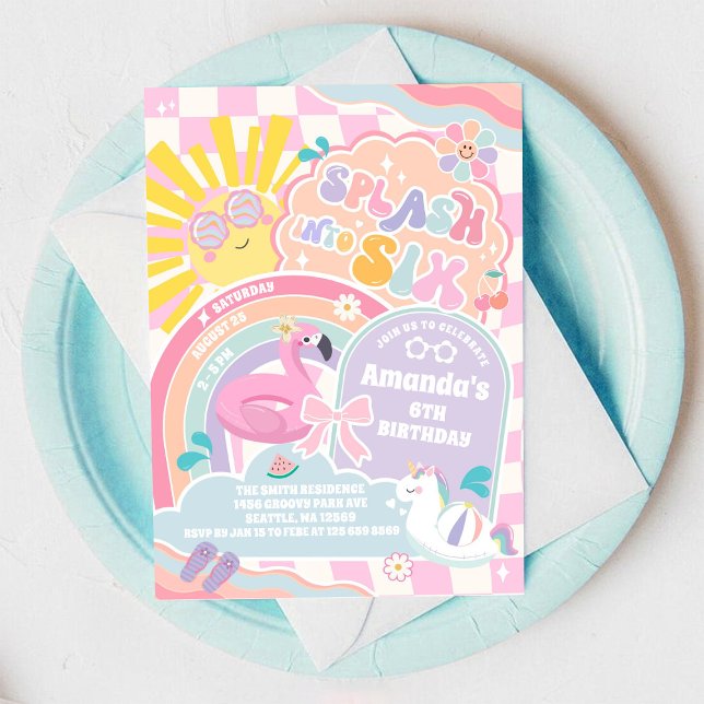 Convites Splash Into Six Rainbow Sun 6th Birthday  (Criador carregado)