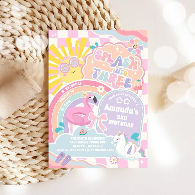 Convites Splash Into Three Pool Party Rainbow 3rd Birthday (Criador carregado)