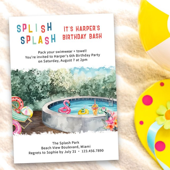 Convites Splash Splash Birthday Bash Kids Water Party (Splish Splash Birthday Bash kids invitation - perfect for waterpark, splash park, pool party etc)
