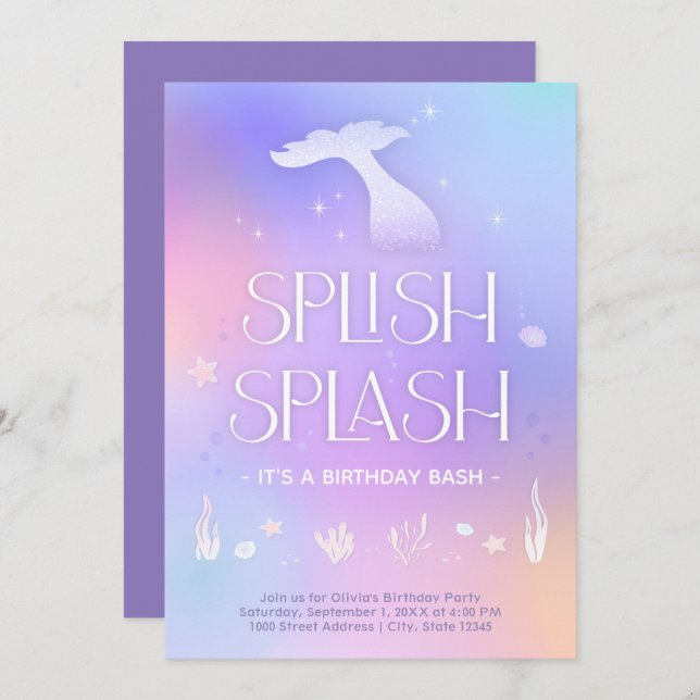 Convites Splash Whimsical Sparkly Smermaid Aniversário (Frente/Verso)