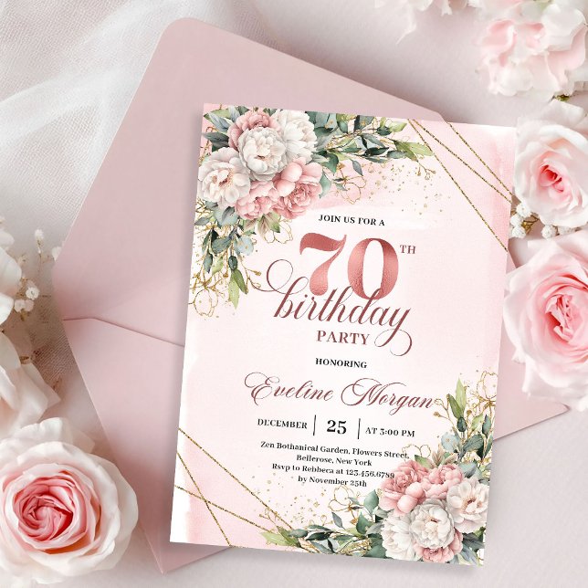 Convites Splendid Rose Gold Watercolor Floral 70th Birthday (Splendid Rose Gold Watercolor Floral 70th Birthday Invitation)