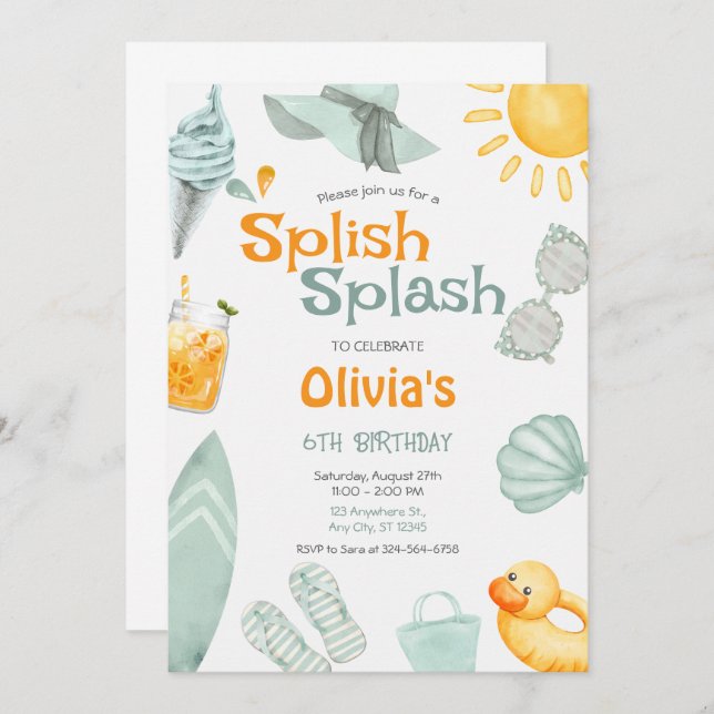 Convites Splish Splash Birthday  Pool Party  (Frente/Verso)