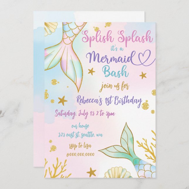 Convites Splish Splash Mermaid Bash Birthday Party (Frente/Verso)