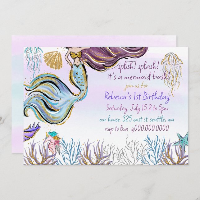 Convites Splish Splash Mermaid Bash Birthday Party (Frente/Verso)