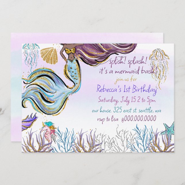 Convites Splish Splash Mermaid Bash Birthday Party (Frente/Verso)