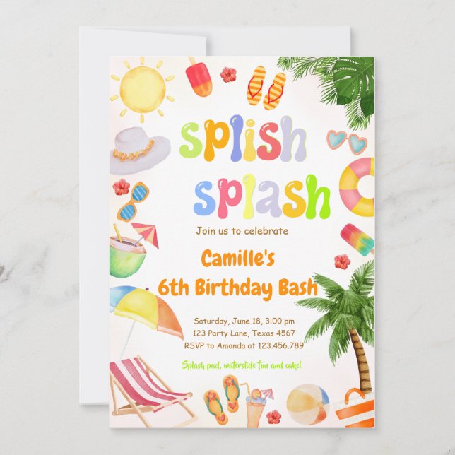 Convites Splish Splash Piscina Party Bash Birthday (Frente)