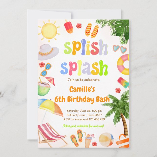 Convites Splish Splash Piscina Party Bash Birthday (Frente)
