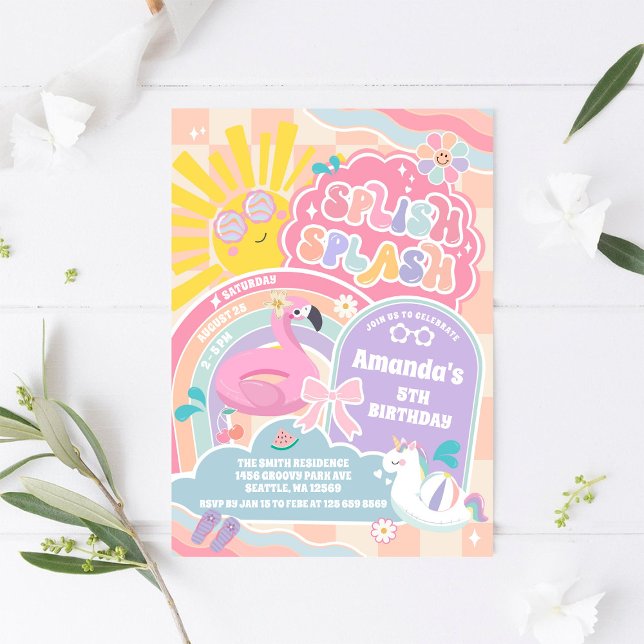 Convites Splish Splash Retro Groovy Daisy Birthday Invitati (Criador carregado)