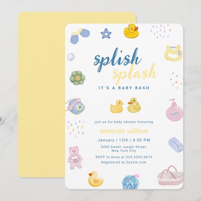 Convites Splish Splash Rubber Duck Bath Baby Shower   (Frente/Verso)