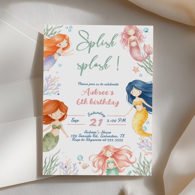 Convites Splish Splash Sereia Aniversário de 6 anos (Criador carregado)