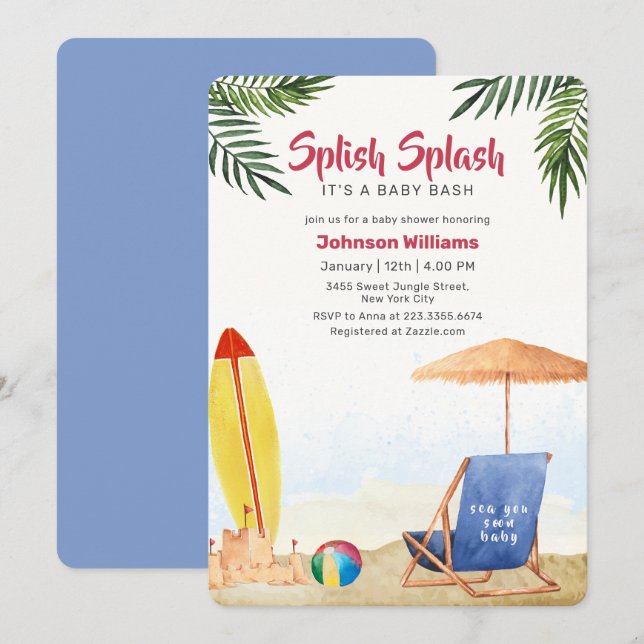 Convites Splish Splash Surfboard Praia Menino Baby Shower   (Frente/Verso)