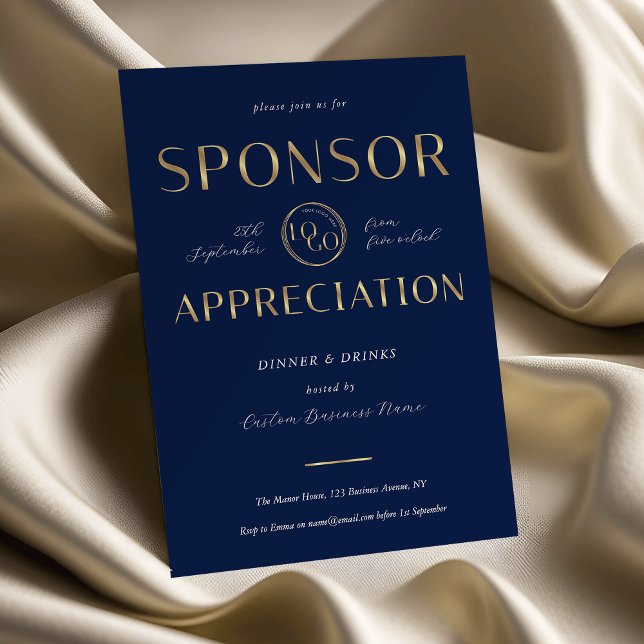 Convites Sponsor Appreciation Navy & Gold Logo Corporate (Criador carregado)