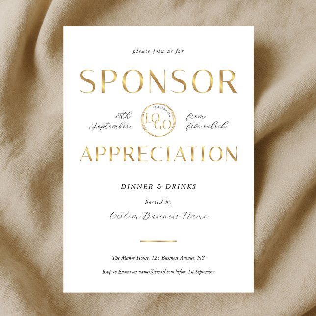 Convites Sponsor Appreciation White & Gold Logo Corporate (Criador carregado)
