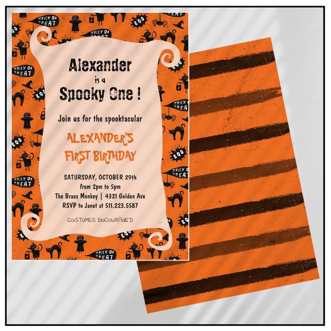 Convites Spooktacular primeiro aniversario de Dia das Bruxa (Halloween-1st-birthday-Invitation-Spooky-one-Spooktacular-orange-1)