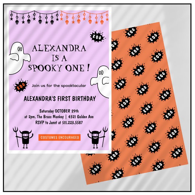 Convites Spooktacular Spookie, um primeiro aniversario de H (Halloween-1st-birthday-Invitation-Spooktacular-Spooky-one-pink-orange-1)
