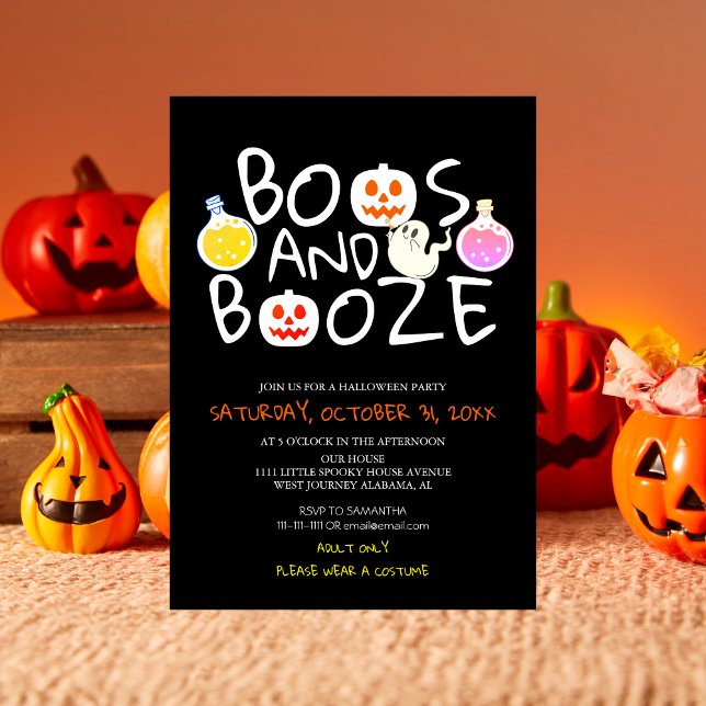 Convites Spooky Boos e Booze Black Adulto Festa de Hallowee (Criador carregado)