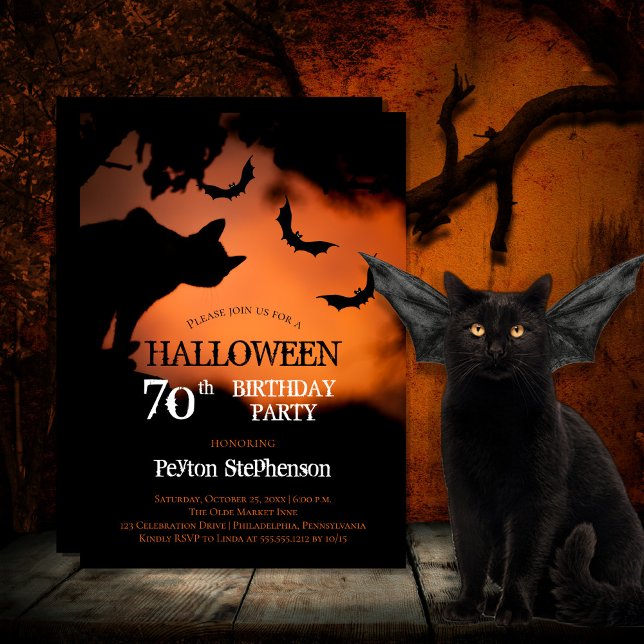Convites Spooky Cat | 70 de Bats Halloween (Spooky black cat and bats against an orange sky Halloween 70th Birthday Party Invitation)