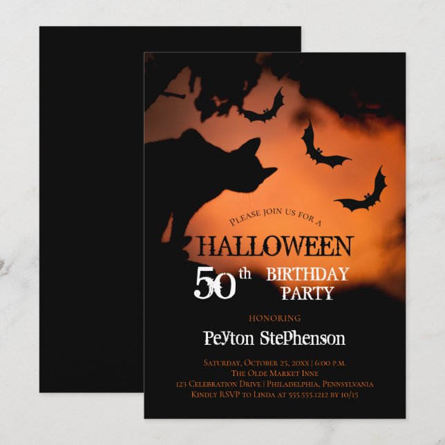 Convites Spooky Cat | Bats Halloween 50th Festa de aniversá (Frente/Verso)