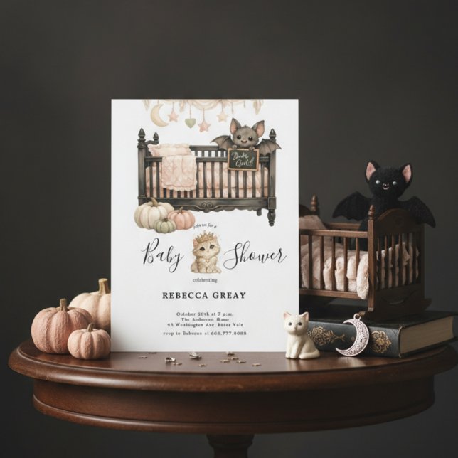 Convites Spooky Chic Gothic Bat & Kitten Baby Girl Shower  (Criador carregado)