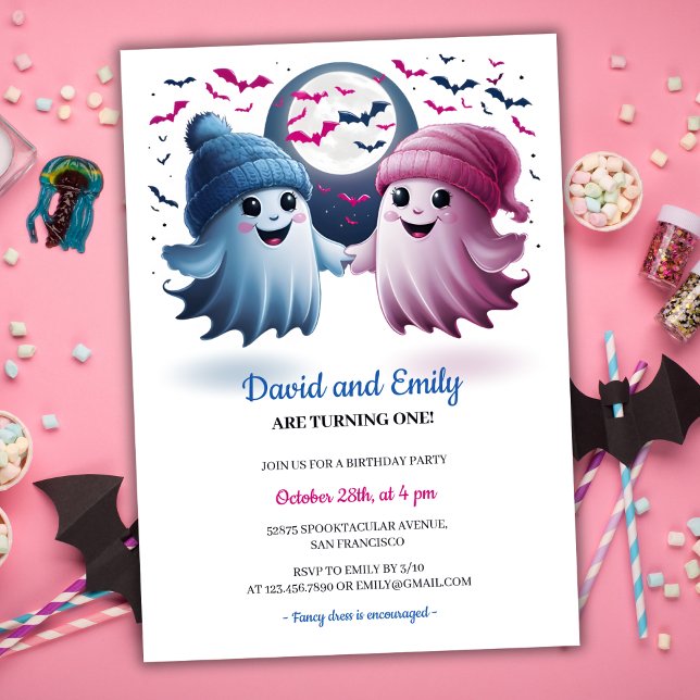Convites Spooky Ghosts Halloween Joint Twins Primeiro Anive (Cute Spooky Ghosts Halloween Joint Twins First Birthday Invitation)