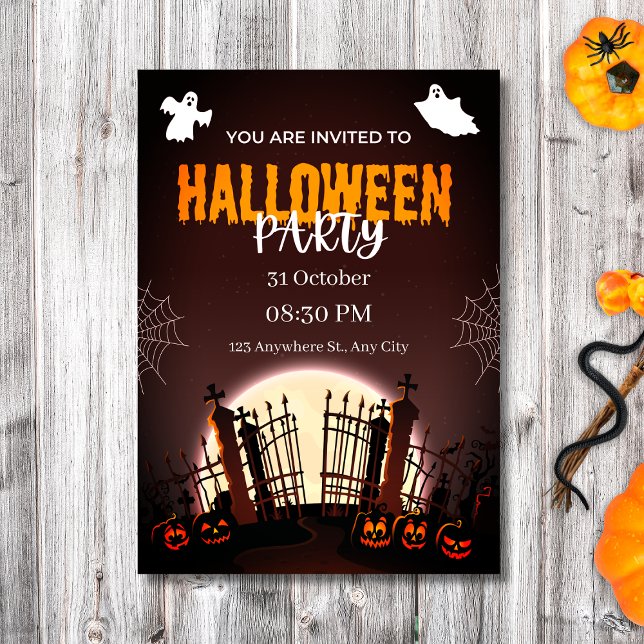 Convites Spooky Graveyard Ghosts & Pumpkins Festa de Hallow (Spooky Graveyard Ghosts & Pumpkins Halloween Party Invitation
)