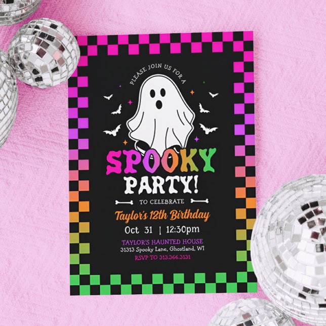 Convites Spooky Halloween Ghost Birthday Retro (Retro Neon Halloween Birthday Invitation)