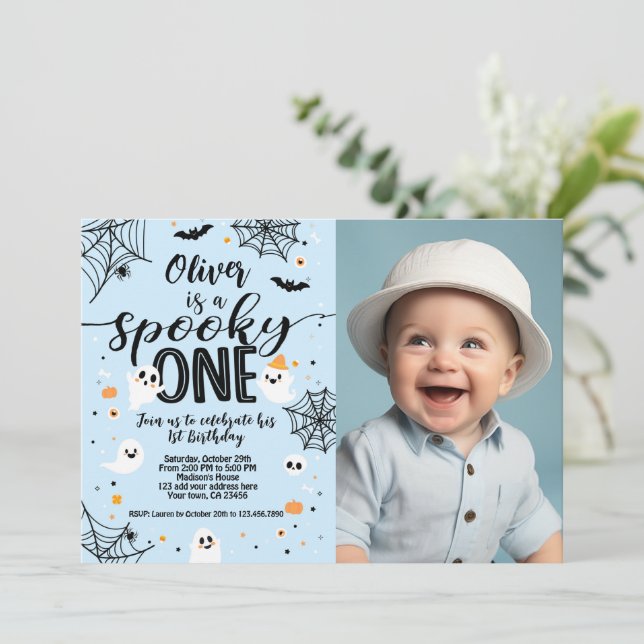 Convites Spooky One Blue Ghost Halloween Invite with Photo (Em pé/Frente)