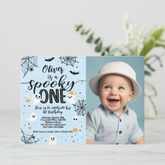 Convites Spooky One Blue Ghost Halloween Invite with Photo