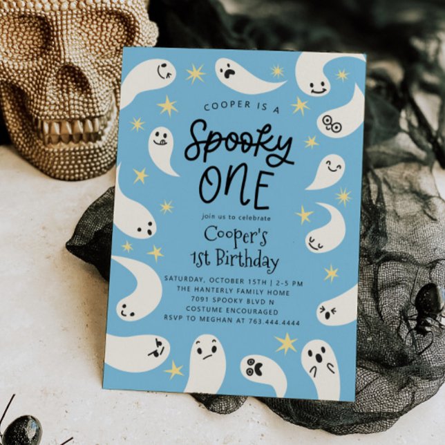 Convites Spooky One Halloween Blue Ghost Birthday (Criador carregado)