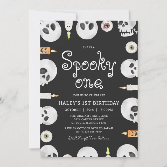 Convites Spooky One Halloween Crânios Crianças 1º Aniversár (Frente)