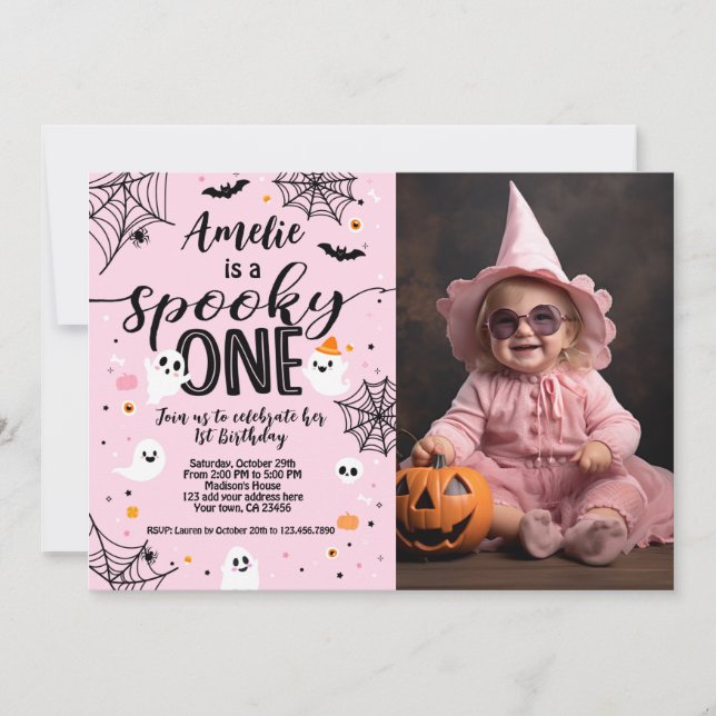 Convites Spooky One Pink Ghost Halloween Invite with Photo (Frente)