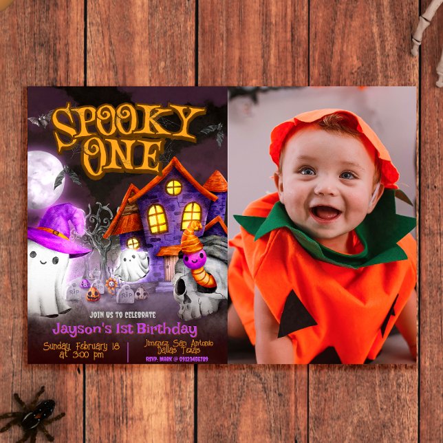 Convites Spooky One - primeiro aniversario com foto (Spooky One - 1st Birthday Halloween Landscape Invitation with Photo)