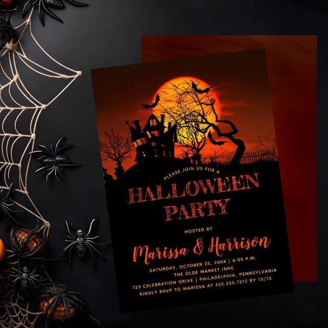 Convites Spooky Orange Moon Assombrada Casa Halloween Festa (Spooky Orange Moon Haunted House Halloween Party Invitation)
