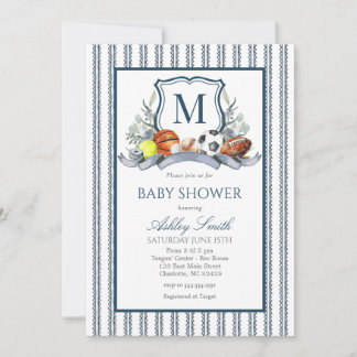 Convites Sports Baby Shower, Preppy Sports Crest Invite