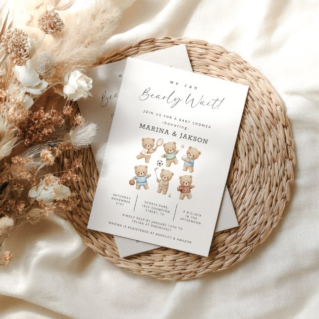 Convites Sports Bear Baby Shower. Bearly Wait (we can bearly wait sport bear invite)