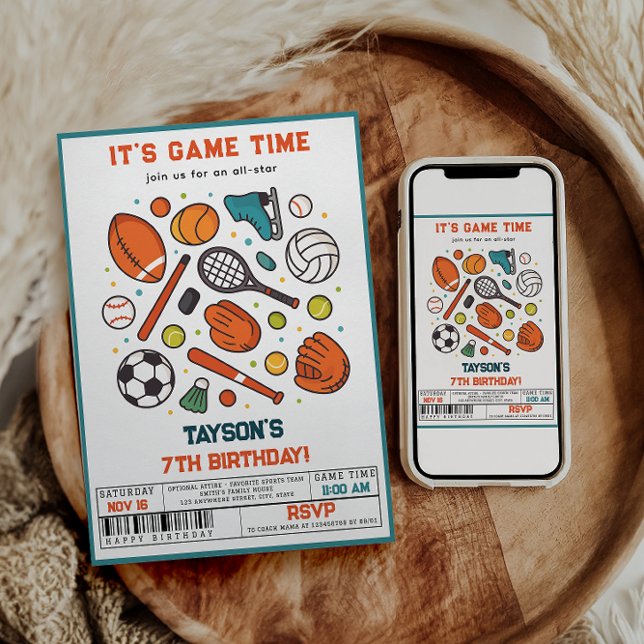 Convites Sports Game Time All-Star 7th Birthday Party | Boy (Sports Game Time All-Star Birthday | Kids Sport invite)