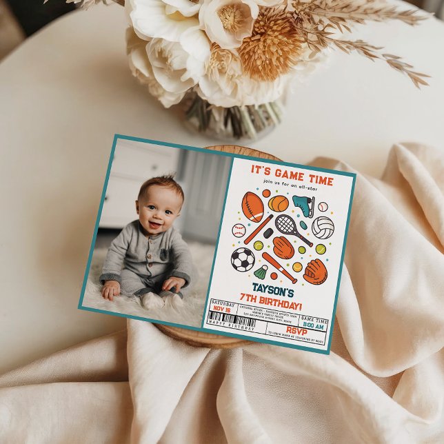 Convites Sports Game Time All-Star 7th Birthday Party | Boy (Sports Game Time All-Star Birthday | Kids Sport photo invite)
