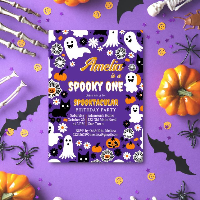 Convites Sppoky 1, manivela de aniversário do Halloween ret (Spooky one groovy Halloween retro daisies ghosts spiderwebs black cat cute template invitation )