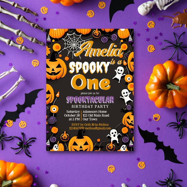 Convites Sppoky 1 Retrô da virilha de aniversário de Hallow (Spooky one Halloween birthday party template invitation instant download baby ghosts jack o lanterns)