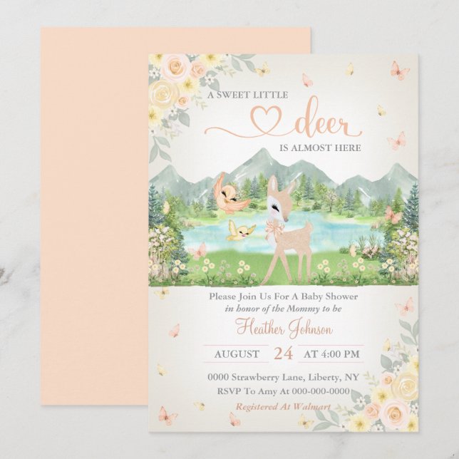 Convites Spring Bloom and Butterflies Deer Baby Shower  (Frente/Verso)