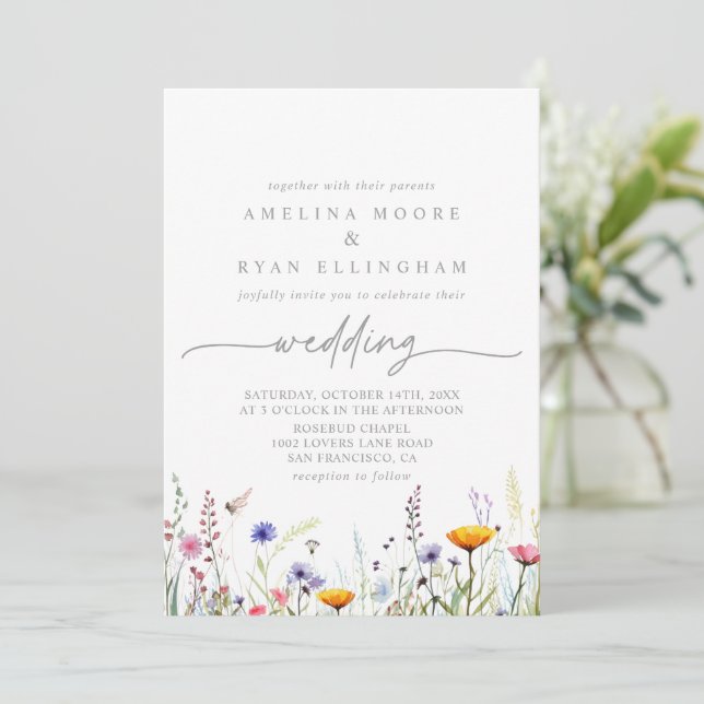 Convites Spring Colorful Wildflower Front & Back Wedding (Em pé/Frente)