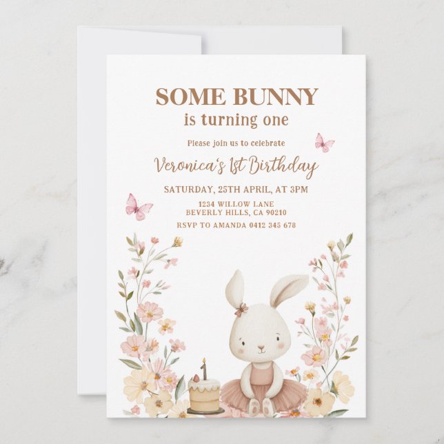 Convites Spring Cute Bunny Rabbit 1st Birthday  (Frente)