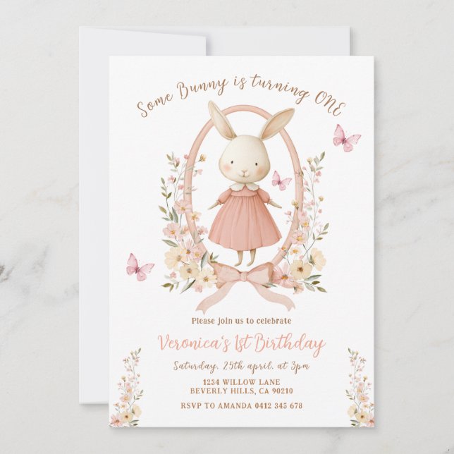 Convites Spring Cute Floral Bunny Rabbit 1st Birthday  (Frente)
