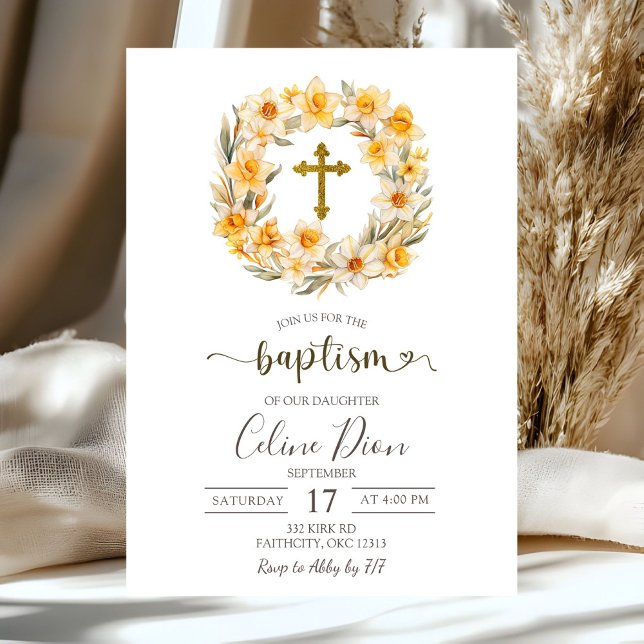Convites Spring Floral Daffodil Wreath Baptism (Criador carregado)